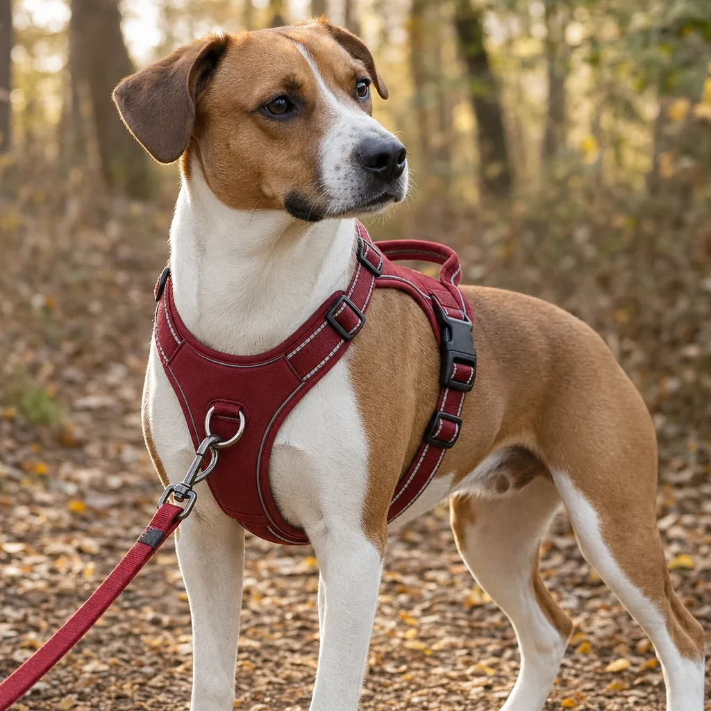 Heelbrook front-clip no-pull dog harness in red on a large dog outdoors