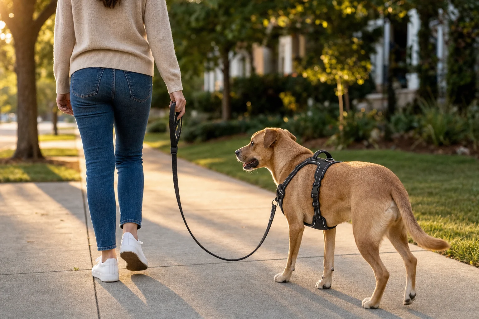Dog walking calmly on a loose leash wearing a front-clip no-pull harness
