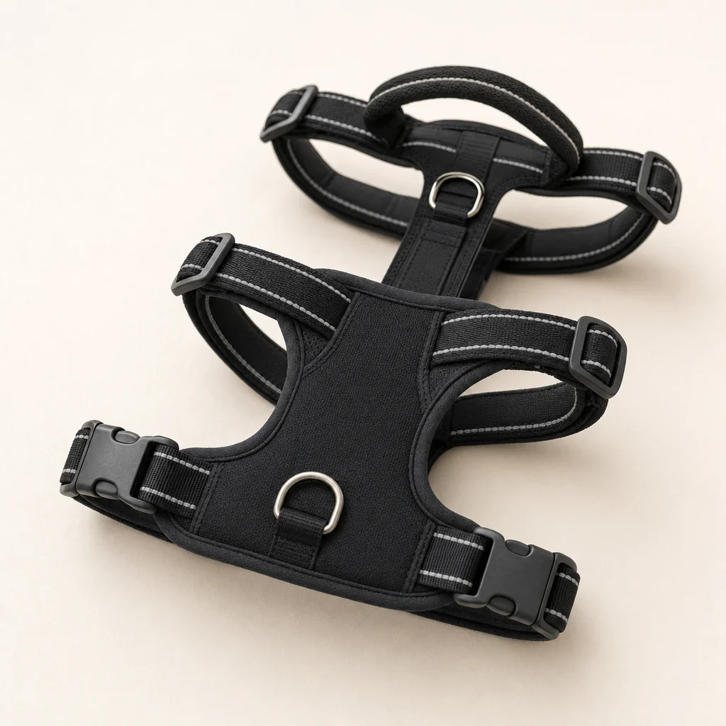 Front-clip no-pull harness laid flat, showing the chest D-ring and four adjustment points
